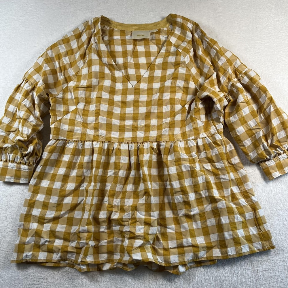 Maeve By Anthropologie Blouse Womens Small Yellow Gingham V Neck‎ Tunic Top